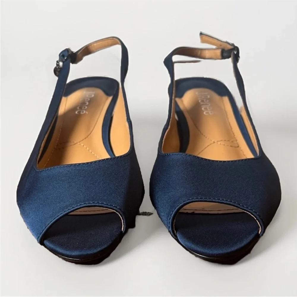 (9.5) J.Renee Elegant Slingback Dark Blue Peep-Toe Heels